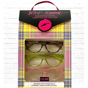 Betsey Johnson 3 Set Reading Cat Eye Glasses 2.50 Pastel Pink Green Brown Set